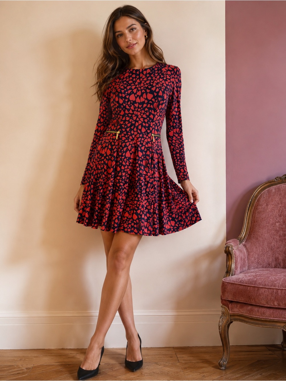 Juicy Couture Heart Dress Size S Red & Navy Blue Zipper Accents Long Sleeve